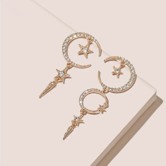 GOLD 4/$25 Rhinestone Moon Star Earrings - Picture 2 of 2